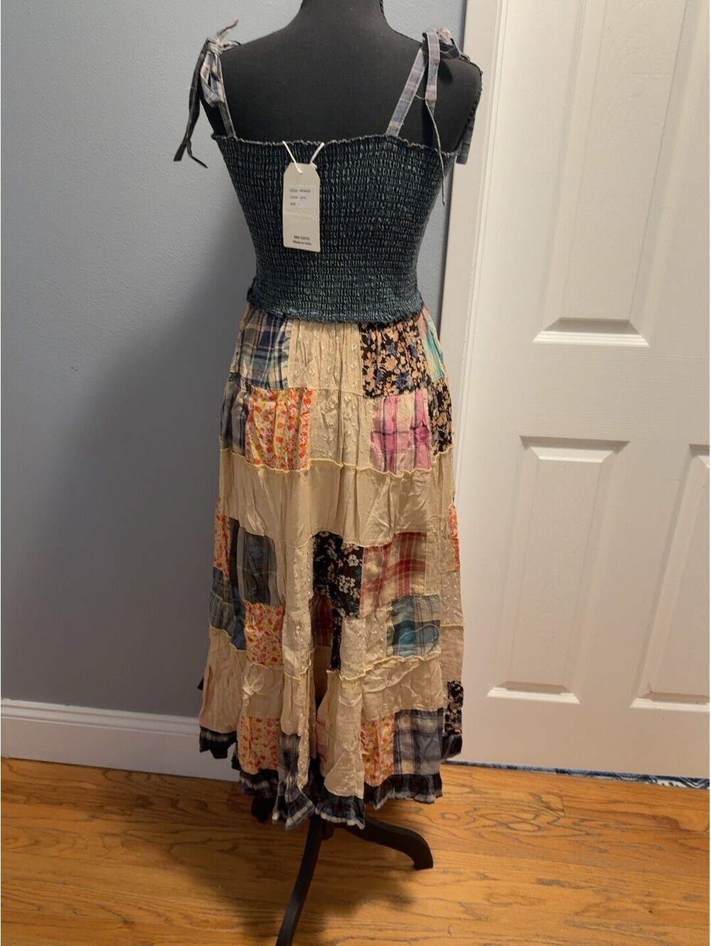 YOUNG THREADS Patchwork Smocked Maxi Dress Latte NWT Small - Picture 2 of 3
